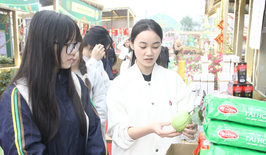 Sinh viên Trần Thu Trang (áo trắng) giới thiệu sản phẩm khi tham gia Hội chợ xuân Bính Ngọ 2026.