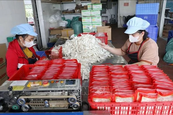  Công nhân Công ty TNHH Bánh kẹo đặc sản Thiên Đức (xã Đông Hưng) hối hả sản xuất các sản phẩm để phục vụ thị trường Tết.