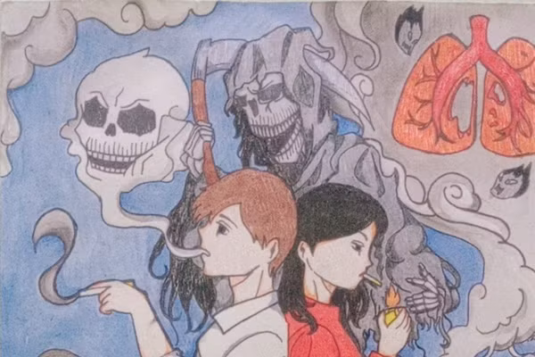 Học sinh Trường THCS Đồng Mai (Yên Nghĩa, Hà Nội) vẽ tranh phòng, chống tác hại của thuốc lá với chủ đề 'Thế giới không khói thuốc - Smoke-Free world'. Ảnh: Website nhà trường