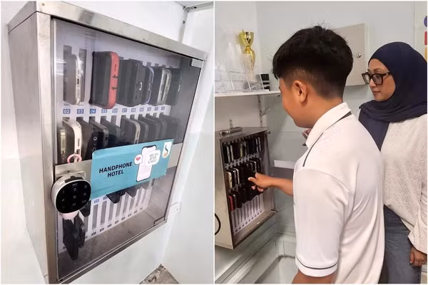 Học sinh Singapore gửi điện thoại trong tủ khóa trước khi đến lớp.