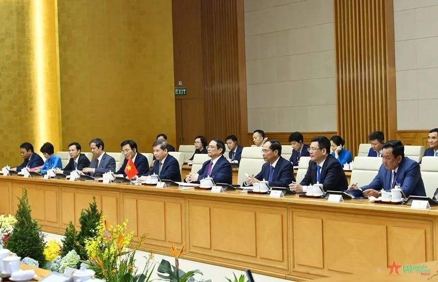 Thủ tướng Phạm Minh Chính và đoàn đại biểu cấp cao Việt Nam tại hội đàm. Ảnh - Tuấn Huy