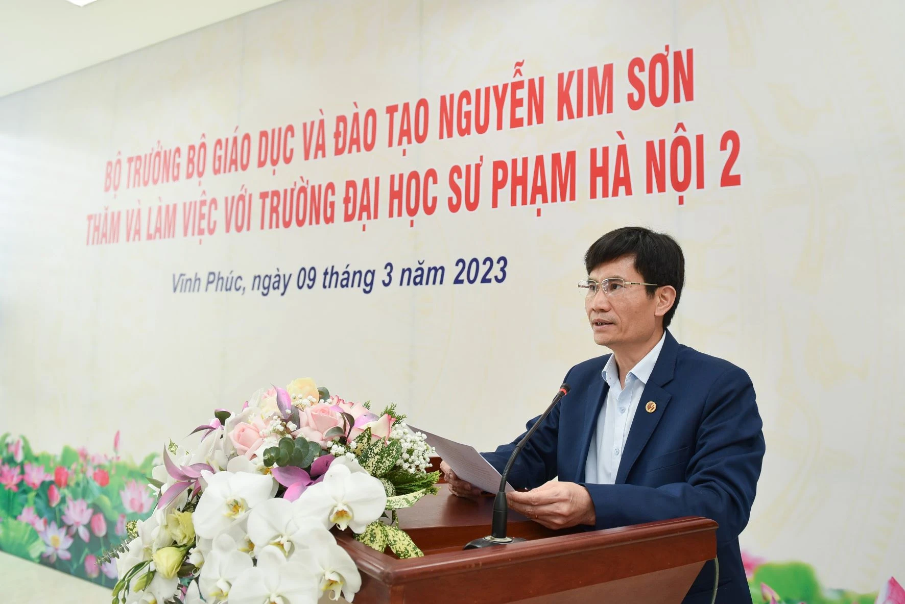 PGS.TS Nguyễn Quang Huy, Hiệu trưởng Trường ĐH Sư phạm Hà Nội 2 phát biểu tại buổi làm việc.