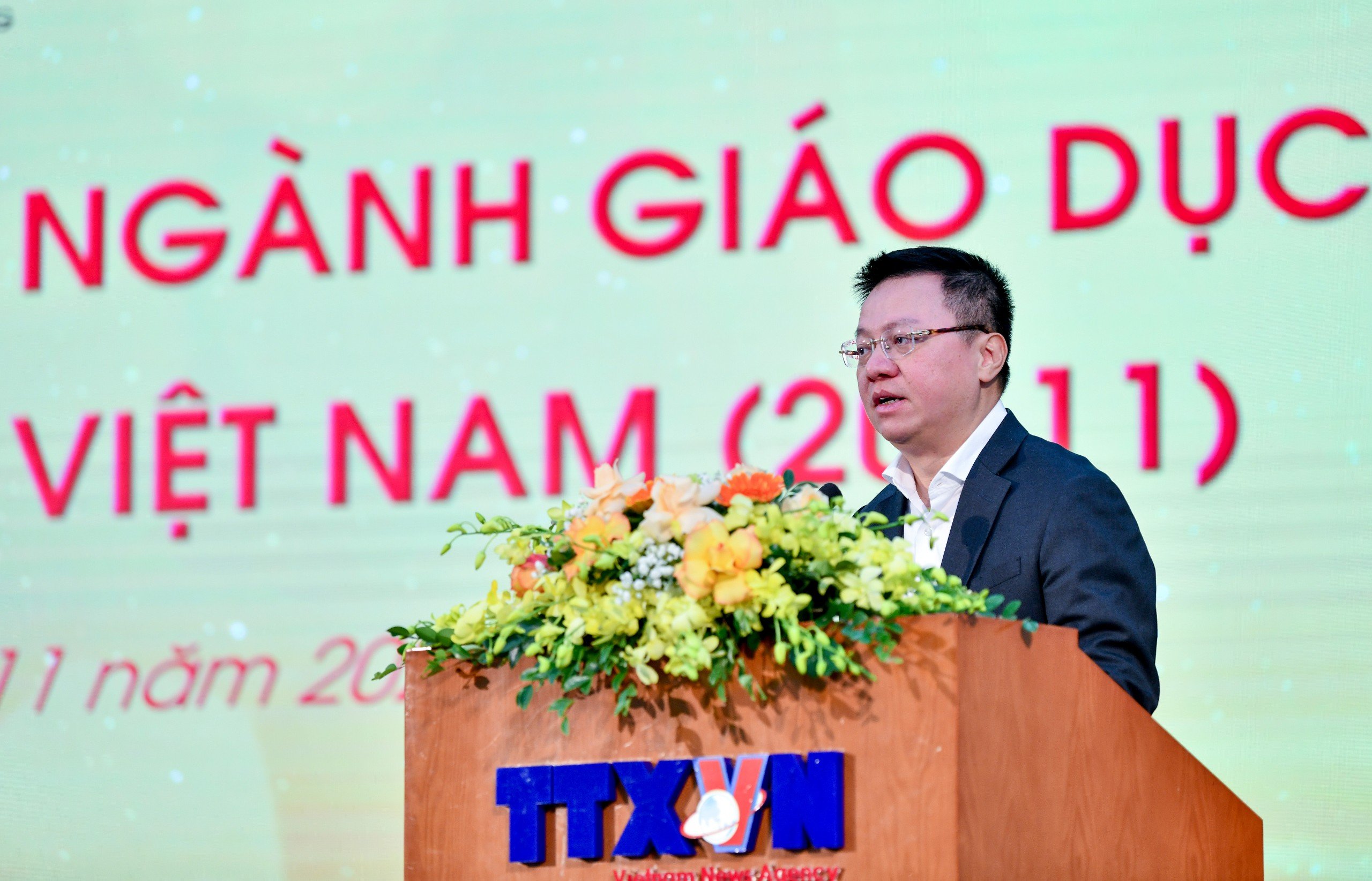 Ông Lê Quốc Minh, Tổng Biên tập Báo Nhân Dân, Phó trưởng Ban Tuyên giáo Trung ương, Chủ tịch Hội Nhà báo Việt Nam phát biểu tại buổi gặp mặt.