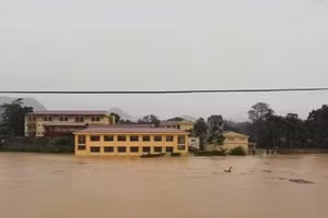 Trường Phổ thông Dân tộc Nội trú Na Rì (xã Na Rì) ngập sâu trong nước do ảnh hưởng hoàn lưu bão số 11 năm 2025. Ảnh: Phương Thảo.