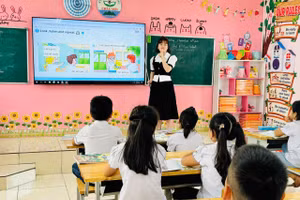 Cô Lê Thị Thanh Huyền và học sinh Trường Tiểu học Châu Sơn (Hà Nội) trong giờ học tiếng Anh chính khóa.