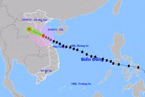 Dự báo đường đi của bão số 10 Bualoi sau khi đổ bộ miền Trung đêm 28.9. Ảnh: NCHMF