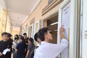 Thí sinh xem thông tin phòng thi trong ngày làm thủ tục dự thi. Ảnh: Nguyễn Nhung