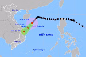 Dự báo hướng đi và khu vực ảnh hưởng của bão Yinxing, sáng 11/11. Ảnh: NCHMF