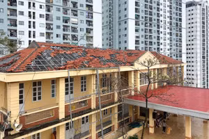 Do ảnh hưởng của bão số 3, các trường học tại nhiều địa phương trong tỉnh Quảng Ninh bị tốc mái, đổ tường, nước ngập, cây xanh đổ gãy, vỡ kính... Ảnh: Minh Cương. 