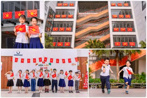 Học sinh góp tay treo cờ, gửi gắm trong từng hành động nhỏ niềm tự hào dân tộc và lòng biết ơn sâu sắc đến các thế hệ cha anh.