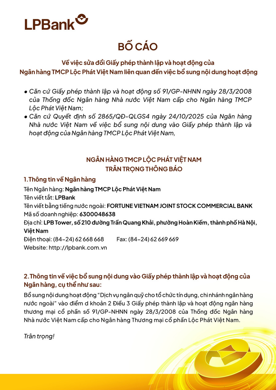 Ngân hàng TMCP Lộc Phát Việt Nam thông báo bổ sung nội dung hoạt động