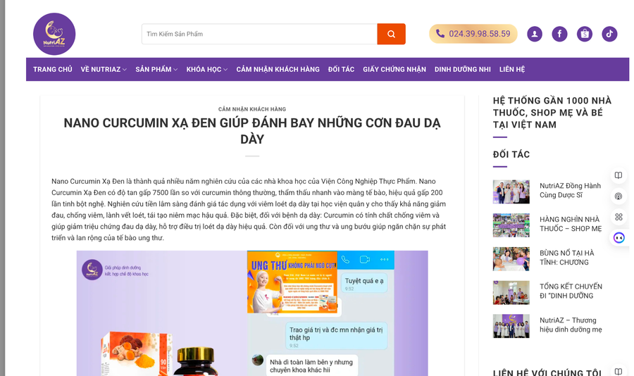 Sản phẩm Nano Curcumin Xạ Đen được giới thiệu có khả năng giúp ngăn chặn sự phát triển và lan rộng của tế bào ung thư (ảnh chụp từ website www.Nutriaz.vn) anh-man-hinh-2025-07-01-luc-123553.png