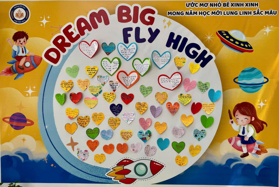 Bảng ‘Dream Big – Fly High’ ghi lại ước mơ và mục tiêu của học sinh Bảng ‘Dream Big – Fly High’ ghi lại ước mơ và mục tiêu của học sinh