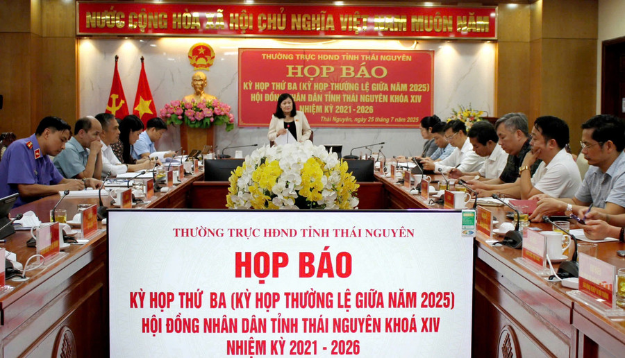Bà Mai Thị Thúy Nga, Phó Chủ tịch HĐND tỉnh Thái Nguyên chủ trì cuộc họp báo.
