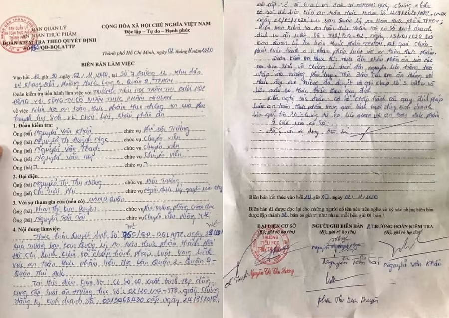 Biên bản làm việc của Ban Quản lý An toàn thực phẩm TP. HCM