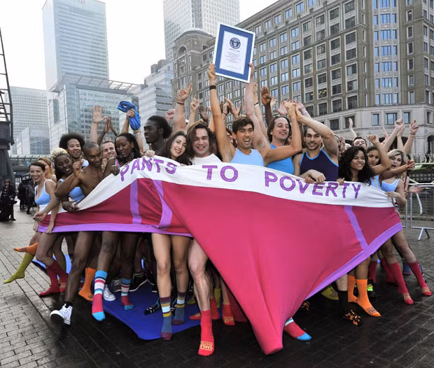 People attempt to set a new world record for the most people in a pair of underpants at Guinness World Records day in Canary Wharf, London