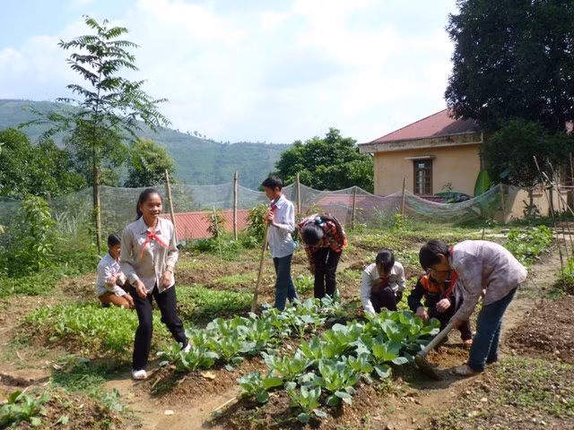 Các em học sinh bán trú trường THCS Nậm Đét chăm sóc vườn rau