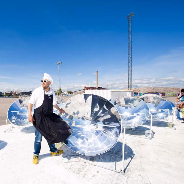 Chef Antto Melasniemi is seen at the Lapin Kulta Solar Kitchen Restaurant in Helsinki, where cooking is done using purely solar energy. Headed by Chef Antto Melasniemi, the unusual restaurant will be following the sun through Europe this summer. To produce its food the kitchen relies on concentrated solar discs. Apparently, unlike traditional ways of cooking solar heat affects the taste and texture of the dish. This is partly due to the fact the sun heats all of the food simultaneously instead of just directing heat to the top or bottom of a pot or pan. When the sun is at its peak dishes can be cooked in a matter of minutes, but less sunshine equals slower cooking times. 