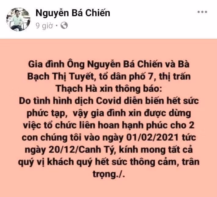 Nội dung đăng tải hoãn cưới của ông Chiến trên mạng xã hội