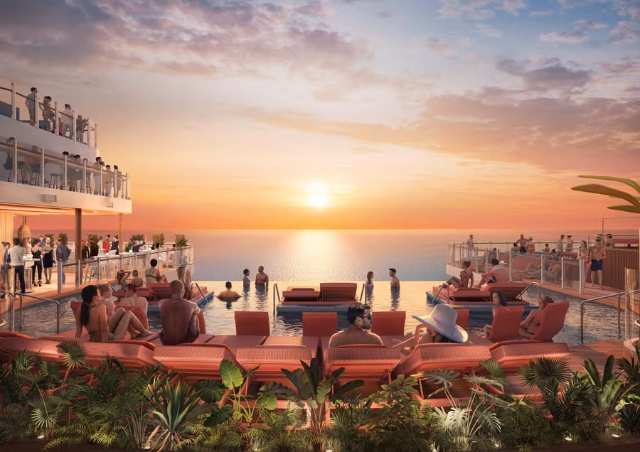 Hideaway – nơi có khung cảnh bãi biển hoàn hảo với hồ bơi vô cực lơ lửng đầu tiên trên biển. Ảnh: Royal Caribbean International.