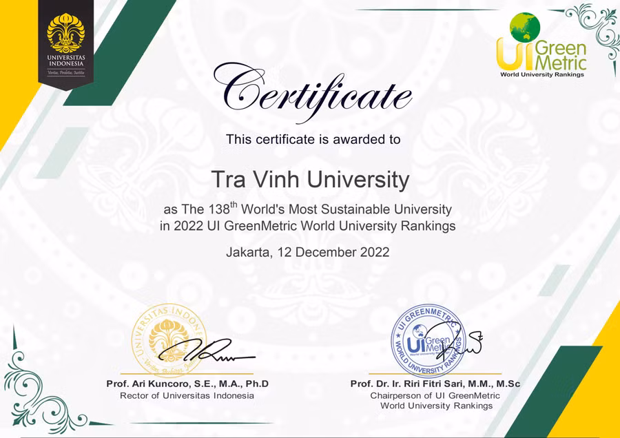 Trường Đại học Trà Vinh thăng hạng trong top đại học xanh phát triển bền vững.