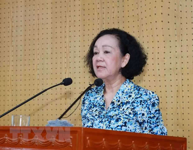 Bà Trương Thị Mai, Ủy viên Bộ Chính trị, Thường trực Ban Bí thư, Trưởng Ban Tổ chức Trung ương phát biểu chỉ đạo hội nghị. (Ảnh: Phương Hoa/TTXVN)