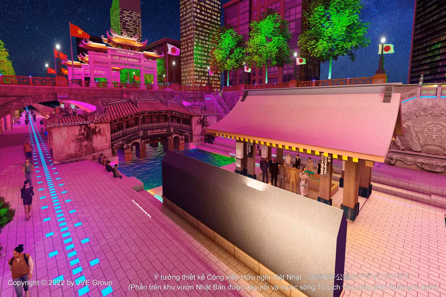 Phối cảnh 3D của Không gian văn hóa Nhật Bản tại Công viên Hữu nghị Việt-Nhật trên sông Tô Lịch (Mô hình Chùa Cầu Nhật Bản).