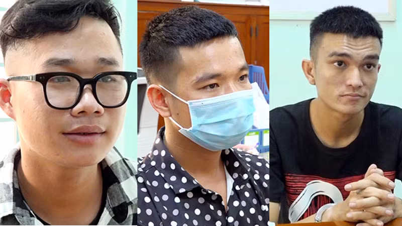 Trần Hải Nam, Nguyễn Vủ Linh, Nguyễn Tuấn Thanh (từ trái qua) tại cơ quan điều tra. Ảnh: Công an An Giang.