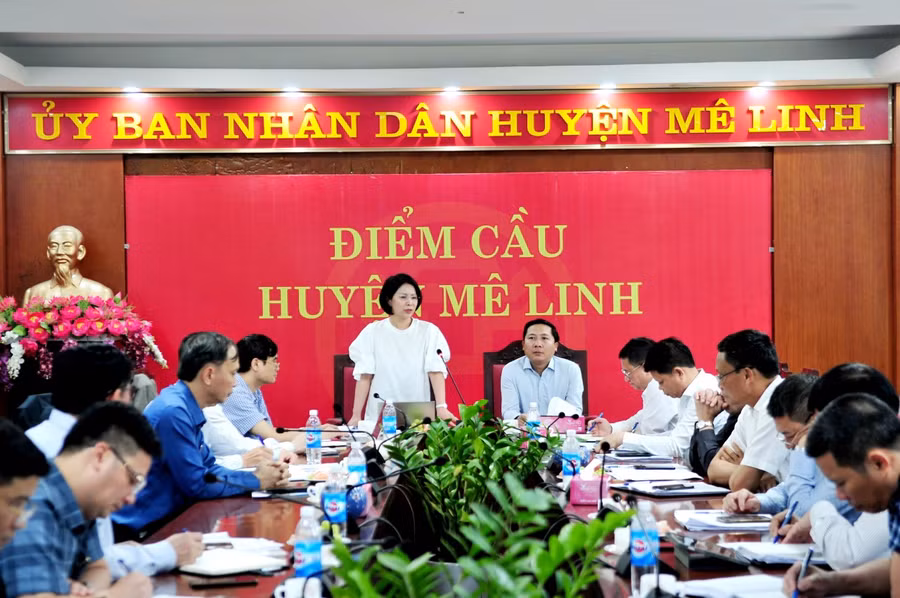 Bí thư Huyện ủy Mê Linh Nguyễn Thanh Liêm và Giám đốc sở Y tế Hà Nội Trần Thị Nhị Hà chủ trì hội nghị.