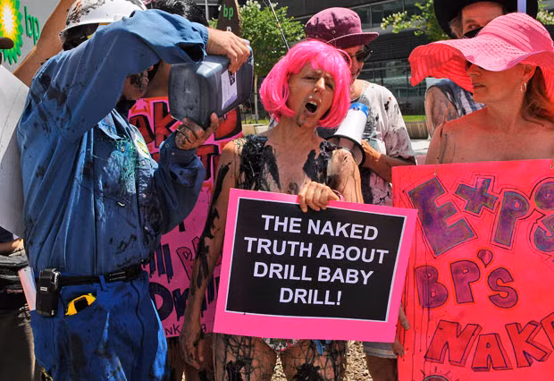 A group called Codepink protest outside BP headquarters in Houston, against the catastrophic oil spill off the coast of Louisiana