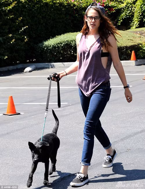 Mới đây, ngôi sao 23 tuổi, Kristen Stewart bị bắt gặp dắt cún cưng rảo bước trên đường phố ở Los Feliz, California. Nữ diễn viên "Chạng vạng" diện đồ rất phong cách với quần jean kết hợp áo phông. Để mái tóc xoã tự nhiên và gương mặt mộc không son phấn nhưng trông cô rất xinh đẹp và dịu dàng. ngôi sao 23 tuổi, Kristen Stewart bị bắt gặp bế cún cưng rảo bước trên vỉa hè khi đi ăn trưa tại Long Beach, California. Nữ diễn viên