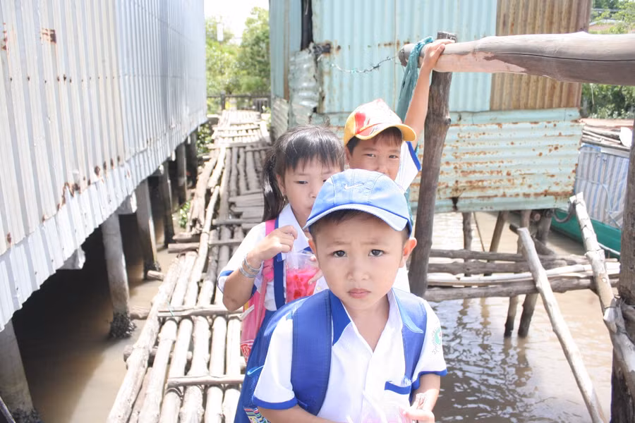 HS huyện Cái Nước (Cà Mau) vượt cầu khỉ đến trường ngày khai giảng. Ảnh: Q. Ngữ