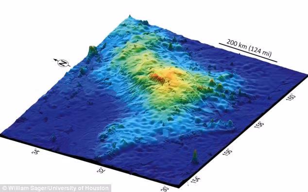 The Tamu Massif volcano sits under the Pacific along the Shatsky Rise plate. Scientists from the University of Houston made the discovery, which remained hidden because Tamu Massif sits 6,500 feet below the surface. Scientists used core samples, radars and scans, pictured, to map the volcano