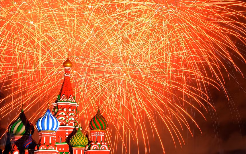 Fireworks explode above the St Basil