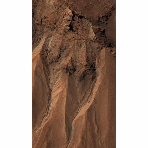Những hiện tượng kỳ lạ trong năm 2009 ảnh 13 This image, taken by NASA’s Mars Reconnaissance Orbiter, shows gullies near the edge of Hale crater on southern Mars. Some suggested they could see an image of Jesus