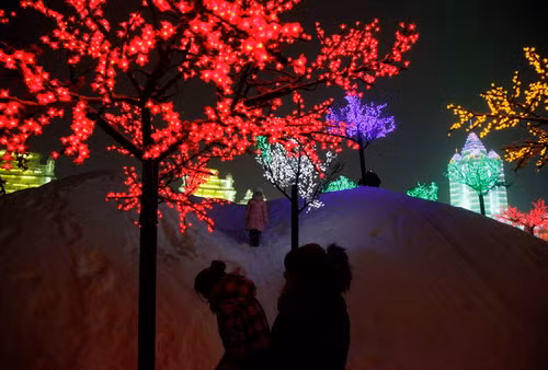 A girl stands amongst brightly lit tree lights at the Harbin International Ice and Snow festival in Harbin, China on Wednesday, Jan. 6, 2010. (AP Photo/Ng Han Guan)