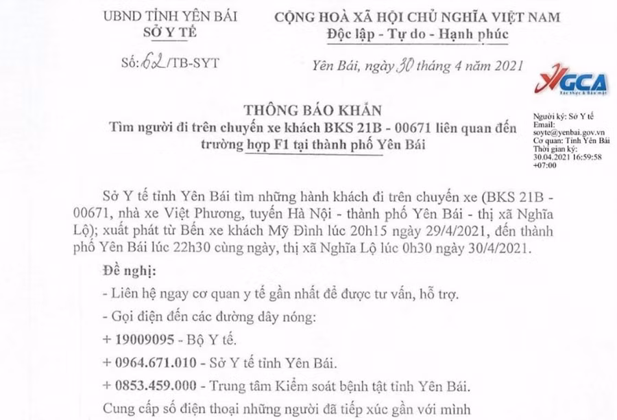 Thông báo tìm người đi trên xe khách chở trường hợp F1 của Sở Y tế tỉnh Yên Bái.