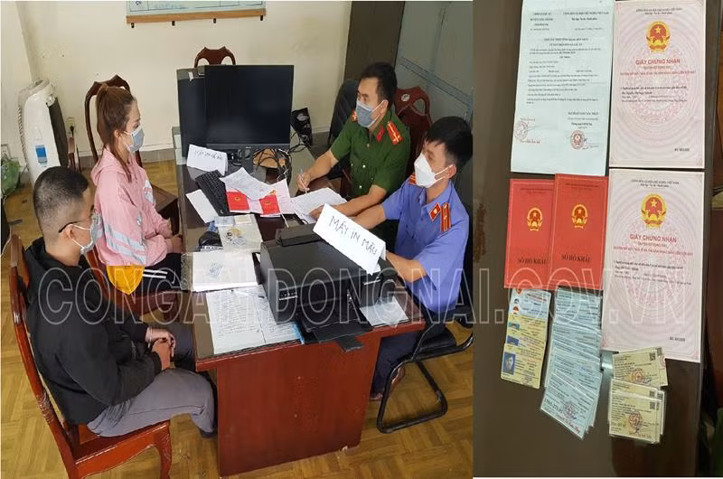 Các đối tượng và tang vật liên quan đến vụ án. Ảnh: Công an Đồng Nai.