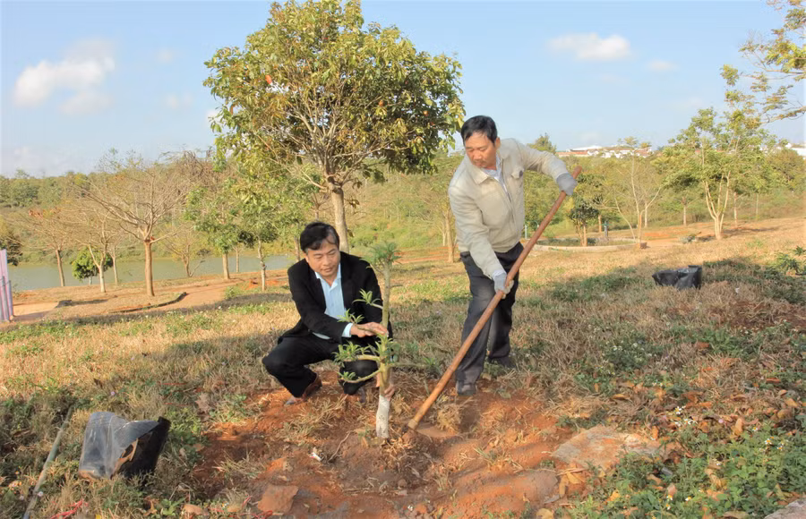 Ông Trần Ngọc Cẩm (người cầm cuốc) và đại diện phòng GD&amp;ĐT thị xã Buôn Hồ tham gia trồng cây “Đời đời nhớ ơn Bác Hồ” năm 2023.