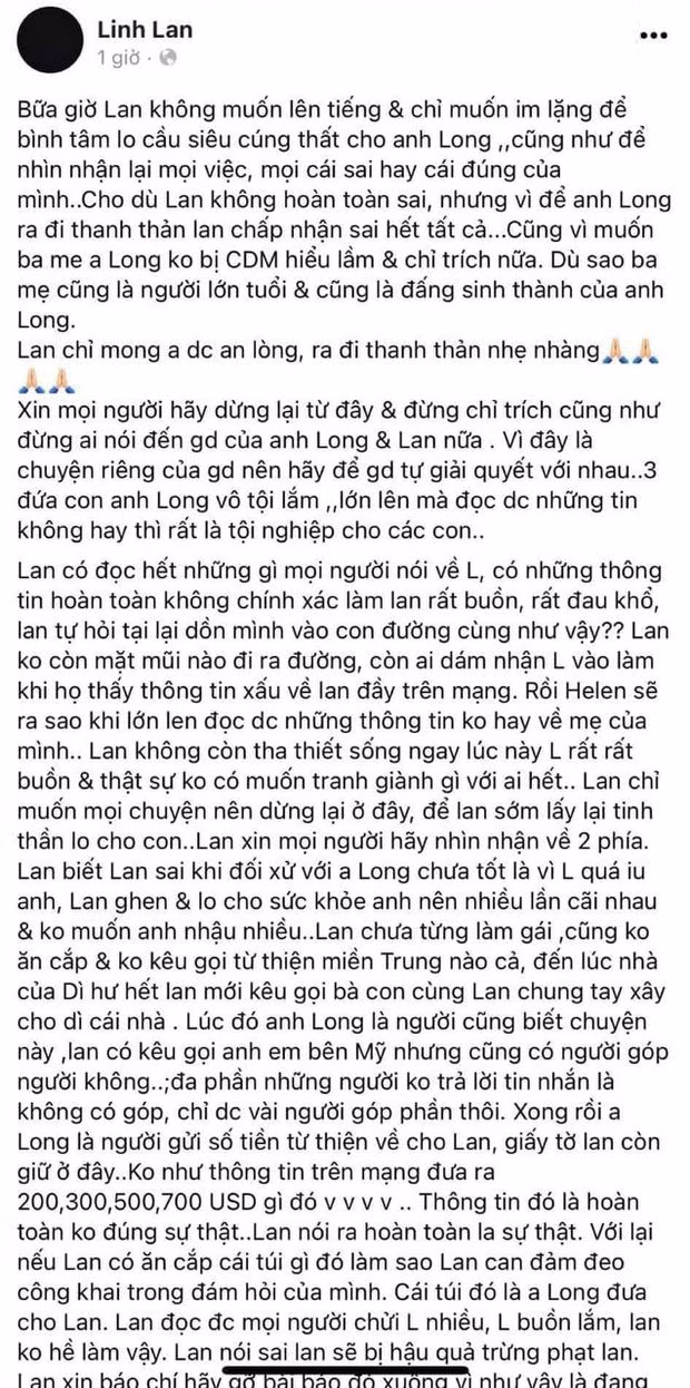 Vợ Vân Quang Long xin lỗi chồng và bố mẹ chồng sau loạt ồn ào đấu tố