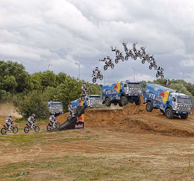Russian FMX rider Alexey Kolesnikov and Dakar 2010 winner and KAMAZ-master team pilot Vladimir Chagin complete the first ever motorcycle jump over a flying truck. The height of the ramp was 2.5 metres, the gap from separation point to landing measured 12 metres and the rider’s speed before the jump was 60km/h