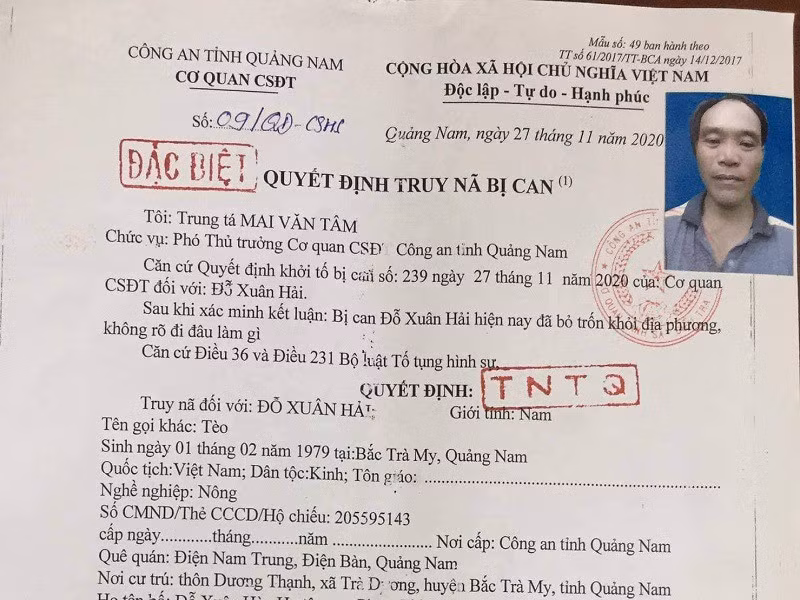 Quyết định truy nã Đỗ Xuân Hải