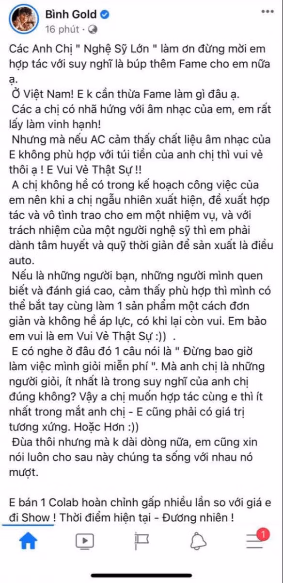 Bài đăng của Bình Gold trên trang cá nhân