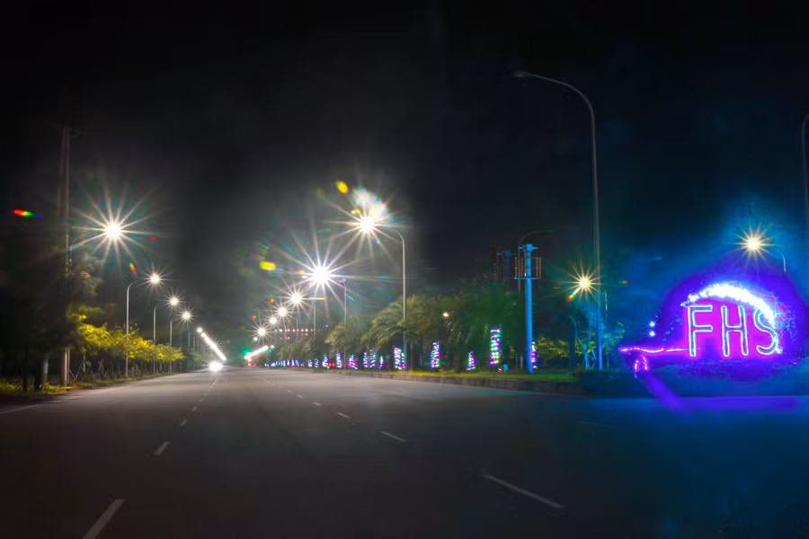 Hệ thống đèn cao áp và cây xanh 2 bên đường đi vào trung tâm hành chính Formosa