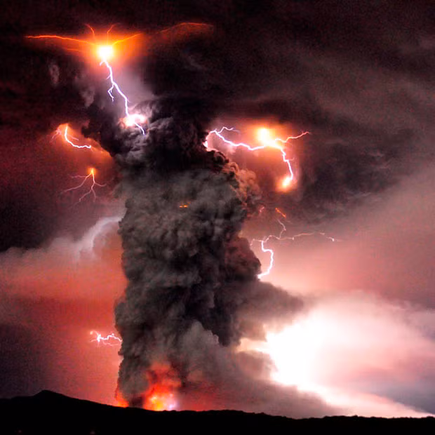 Volcanic lightning bolts form in the ash plume during the eruption of the volcano in southern Chile