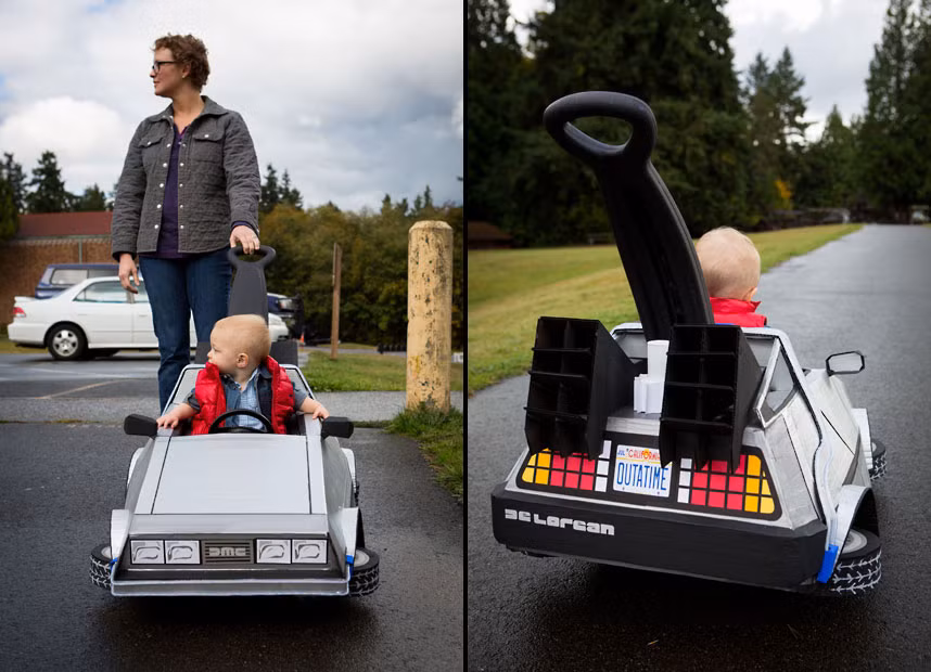 Những hình ảnh ấn tượng trong tuần ảnh 1 Cory Newton-Smith, from Seattle, was so inspired by similarity of a red puffer vest jacket her one-year-old was wearing to the one Marty McFly wears in Back To The Future that she built a tiny Delorean for him to ride in for Halloween. She created a scale model of the car from the 1985 film built around a child’s push buggy.