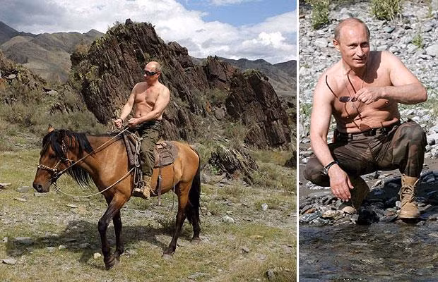 Chùm ảnh các chính trị gia thế giới trong các kỳ nghỉ ảnh 4 Macho man: Vladimir Putin caused something of a stir the following summer while on holiday in Siberia. The manly Russian stripped off for a spot of fishing before clambering into the saddle.