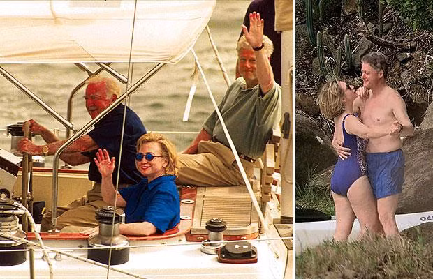 Chùm ảnh các chính trị gia thế giới trong các kỳ nghỉ ảnh 8 Here, Bill Clinton is pictured sailing around Martha’s Vineyard with his wife Hilary and the late broadcaster Walter Cronkite, before he turns on the charm in the US Virgin Islands.