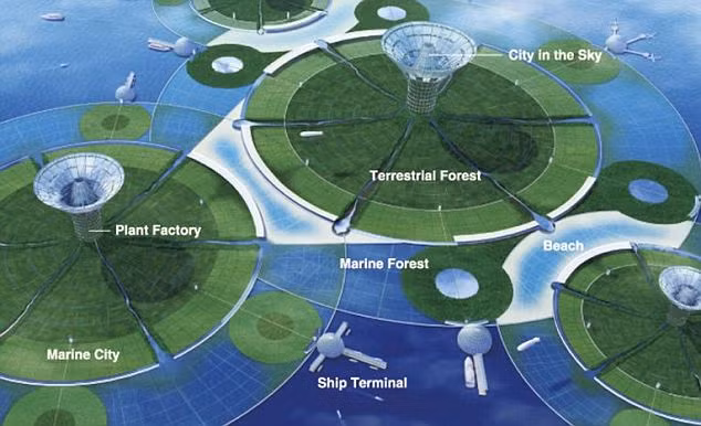 The floating cells, each with a City in the Sky structure at its centre, can join together to form larger modules Read more: http://www.dailymail.co.uk/sciencetech/article-1328680/Green-Float-The-bizarre-new-concept-sees-humans-future-live-giant-skyscrapers-floating-water-lilies.html#ixzz15FjlblF4