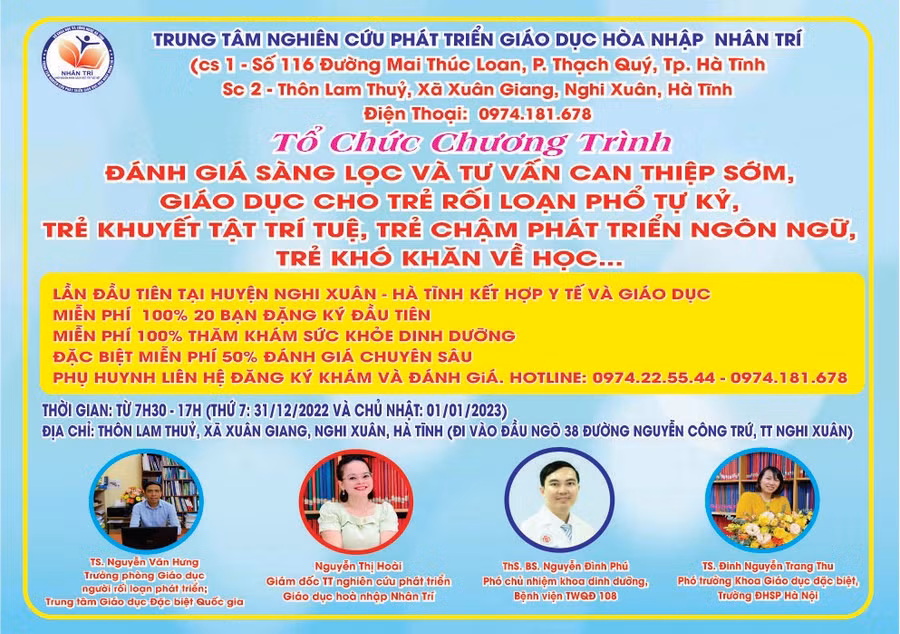 Chương trình đánh giá và tư vấn chuyên sâu, can thiệp sớm cho trẻ rối loạn phát triển lần đầu tiên được tổ chức tại huyện Nghi Xuân (Hà Tĩnh) với nhiều chuyên gia giàu kinh nghiệm.